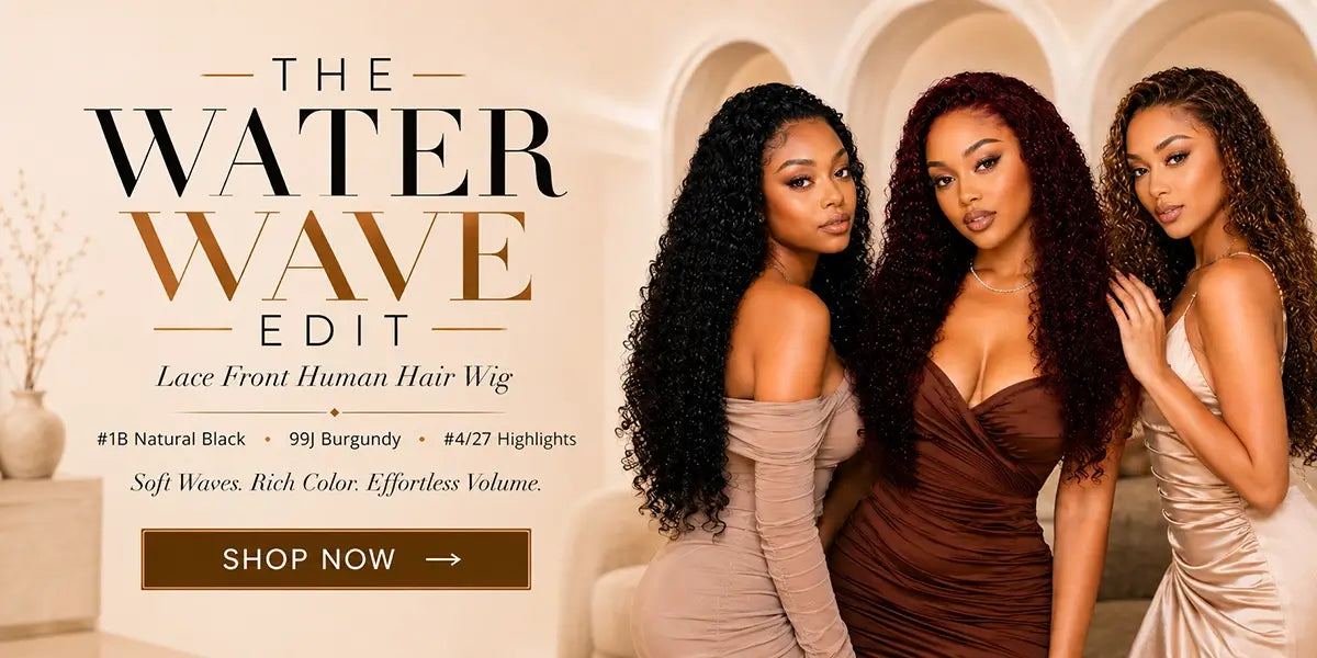 Mobile homepage slideshow featuring three models wearing water wave lace front human hair wigs in #1B Natural Black, 99J Burgundy and #4/27 Highlights