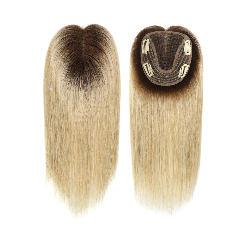 blonde hair topper with brown roots, 4 clips on lace base