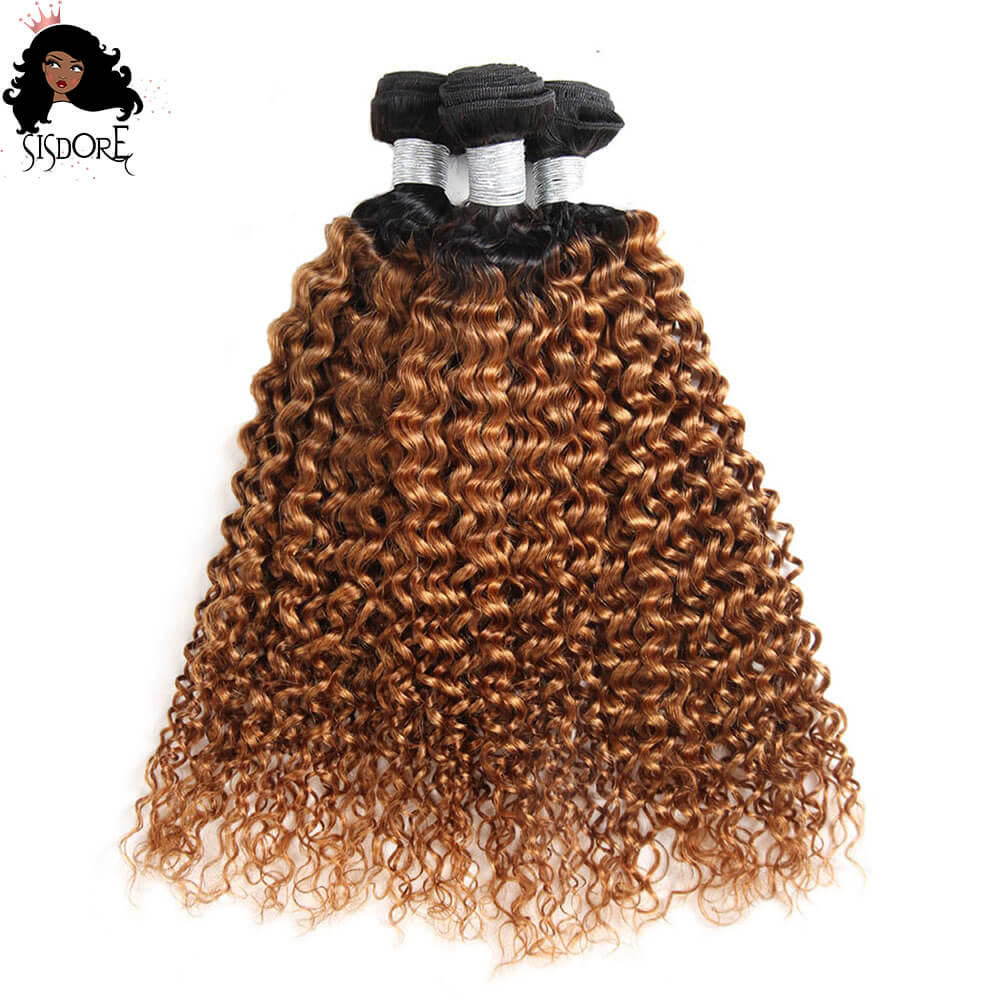 T1B/30 Medium Aurbun Kinky Curly Human Hair Bundles With Black Roots