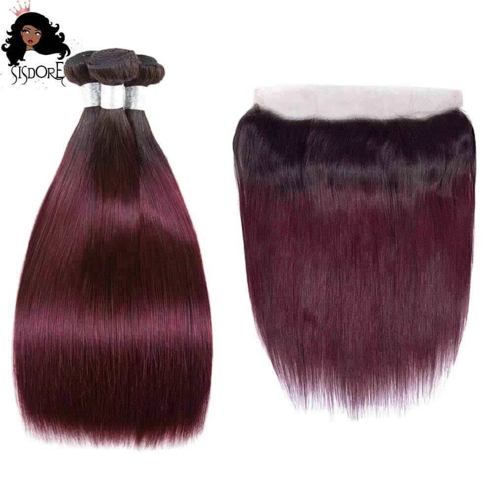 1B/99J straight human hair bundles with lace frontal,  Burgundy with black roots