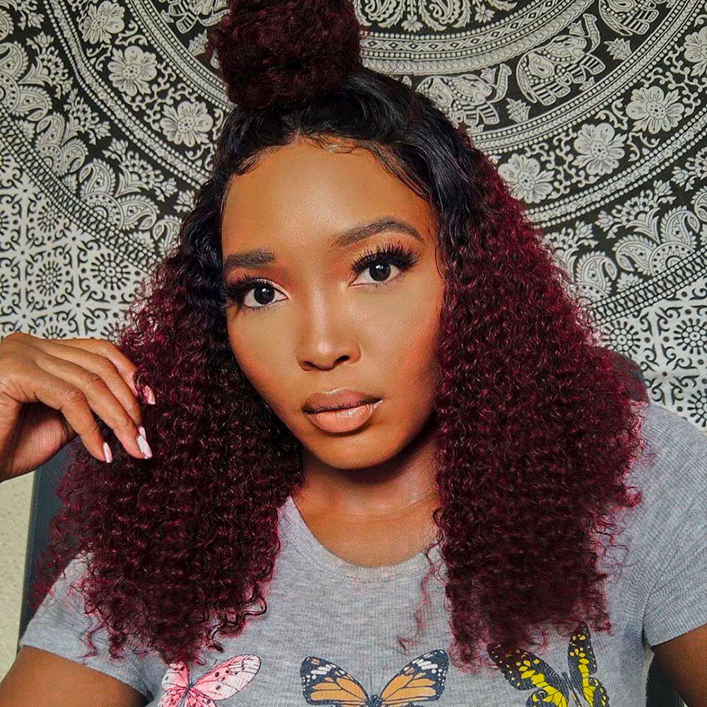 Short Burgundy Curly Hair Bob Wig with Black Roots 1B/99J