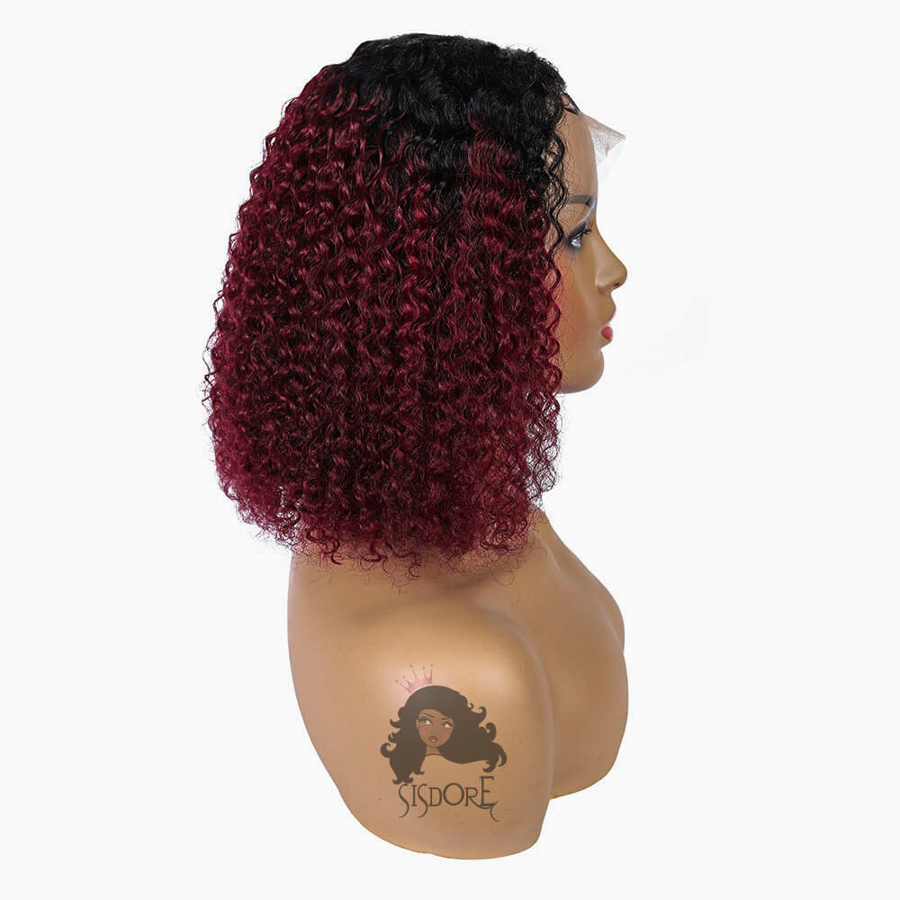 Short Burgundy Bob Wig – Ombre 99J with Black Roots, Lace Front, Kinky Curly