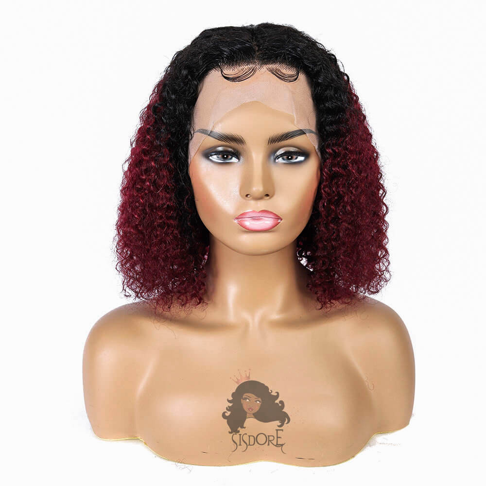 Burgundy with Black Roots Curly Bob Wig – 150% Density, Human Hair Lace Front