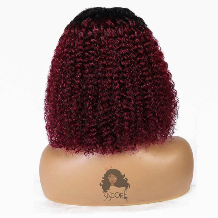 13x4 Lace Front Burgundy Curly Bob Wig – 1B/99J Ombre with Black Roots