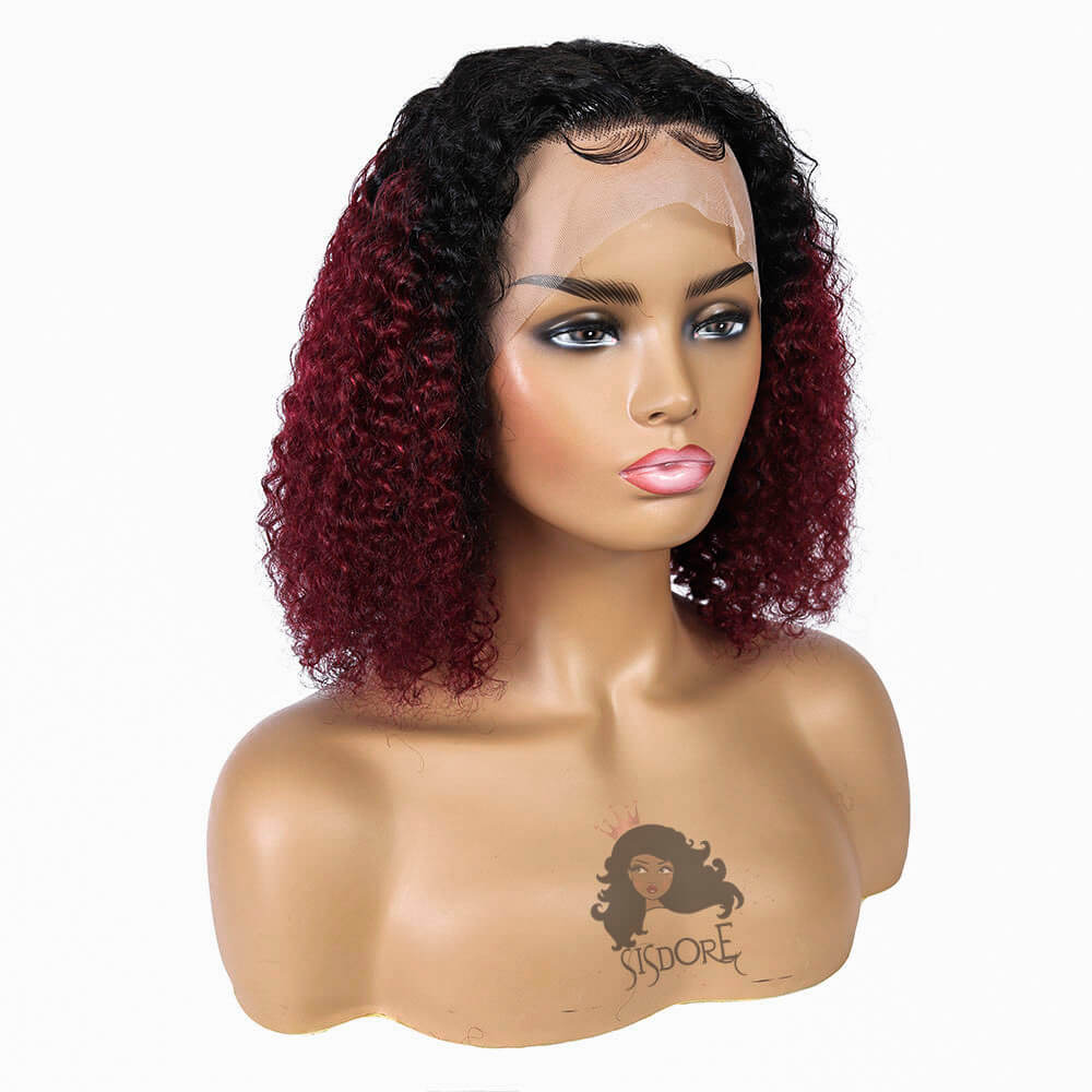 Ombre Burgundy Curly Bob Wig with Black Roots – 13x4 Lace Front, Human Hair