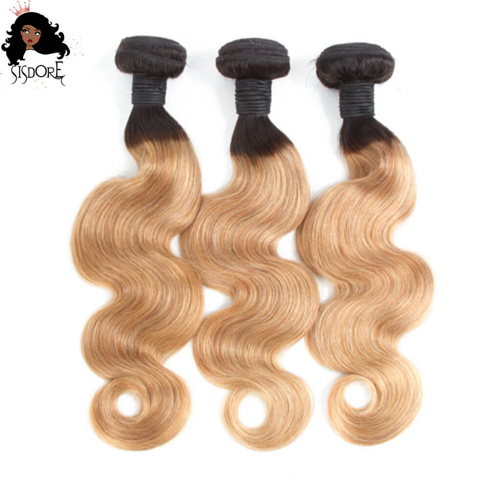 1B 27 Strawberry Blonde Body Wave Human Hair Weaves 3 Bundles 