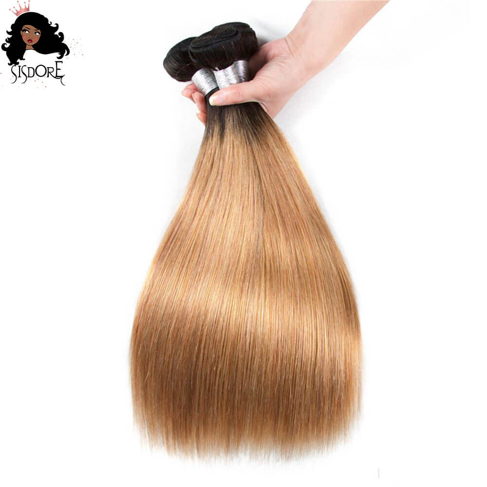 1B 27 bundles - straight honey blonde hair with black roots