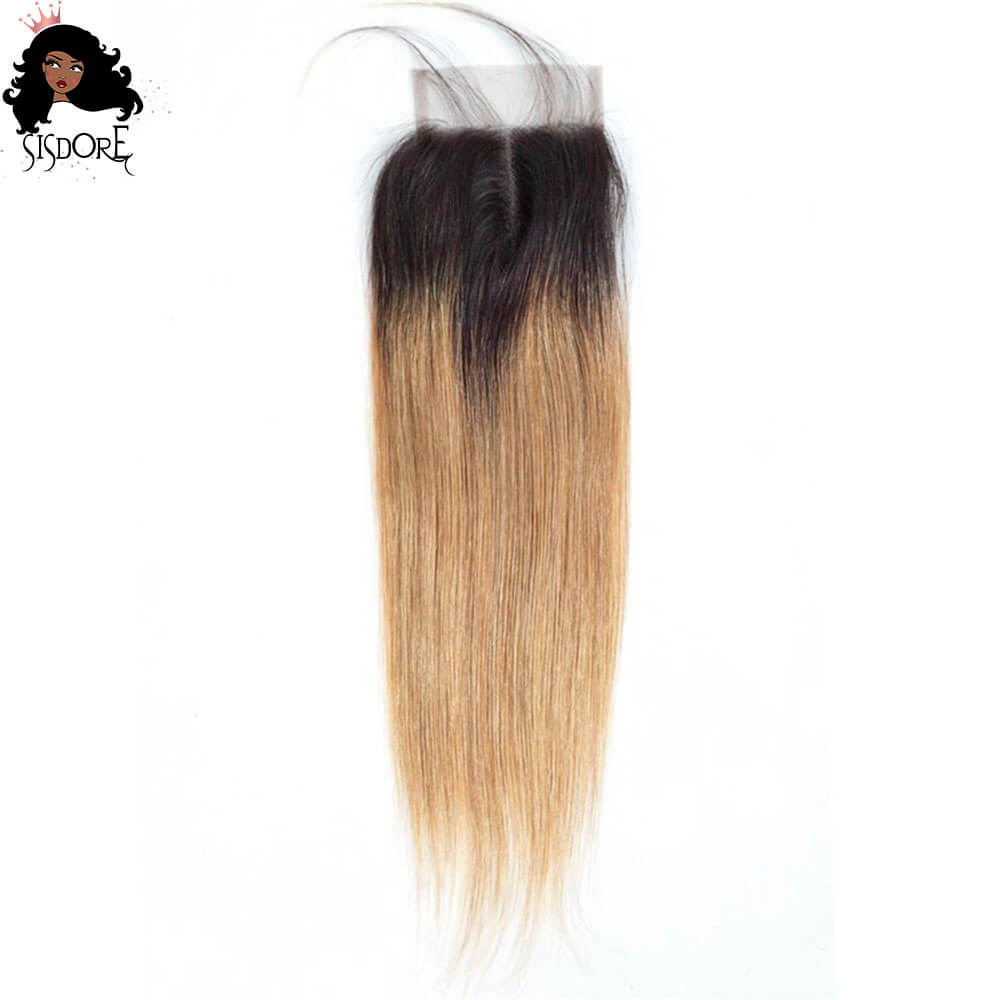 1B 27 closure straight honey blonde with black roots