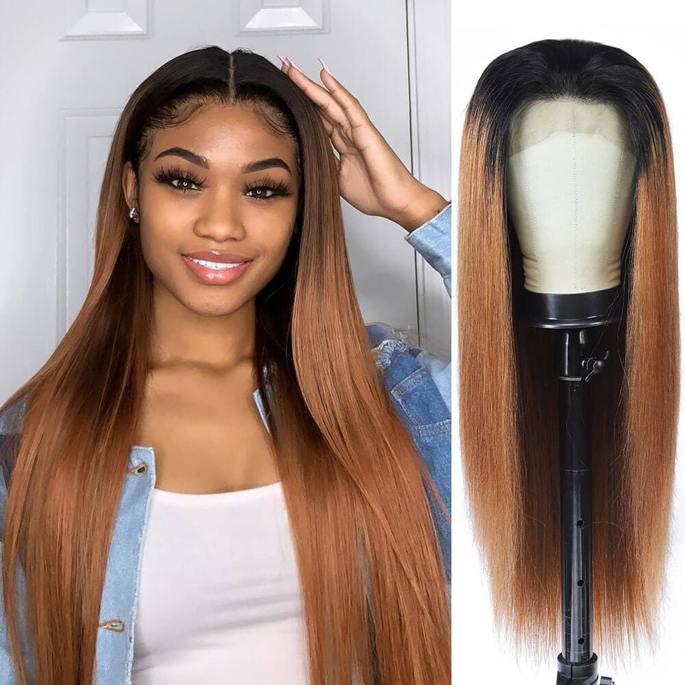 1B 30 Ombre Straight Auburn Human Hair Wigs with Black Roots