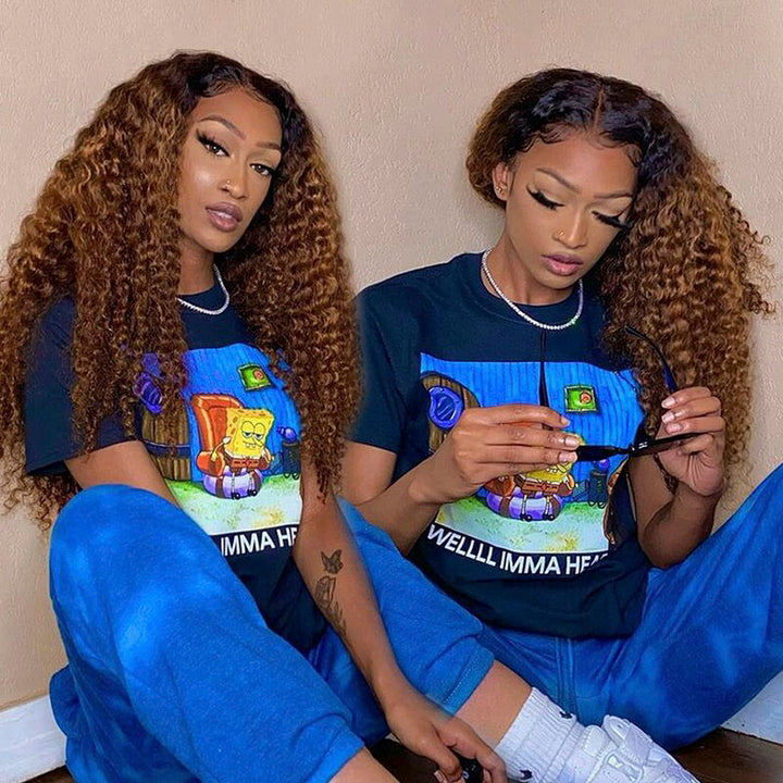 1B/30 ombre deep wave wig, medium auburn brown curly lace front human hair wig 