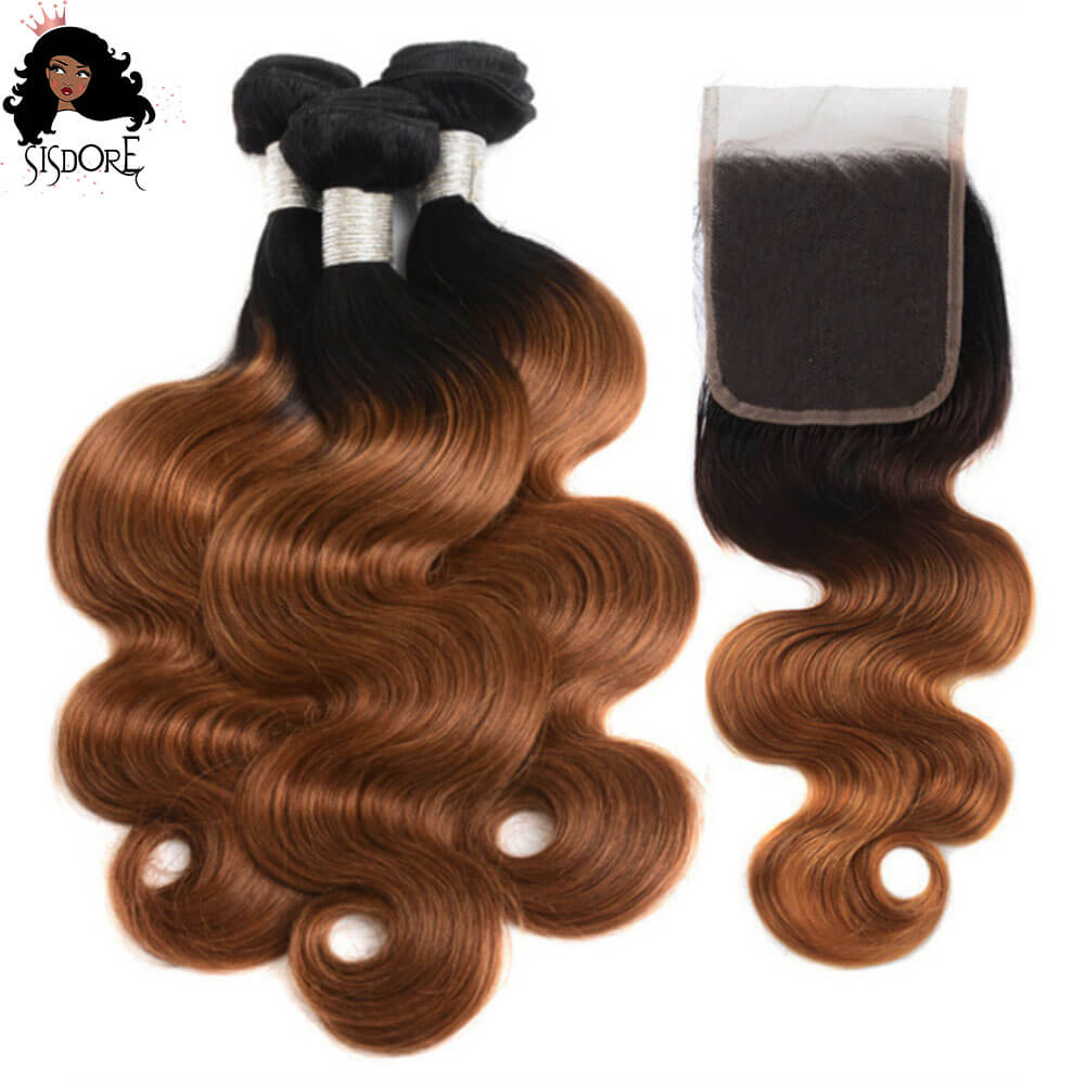1B/30 ombre medium auburn body wave hair bundles with closure