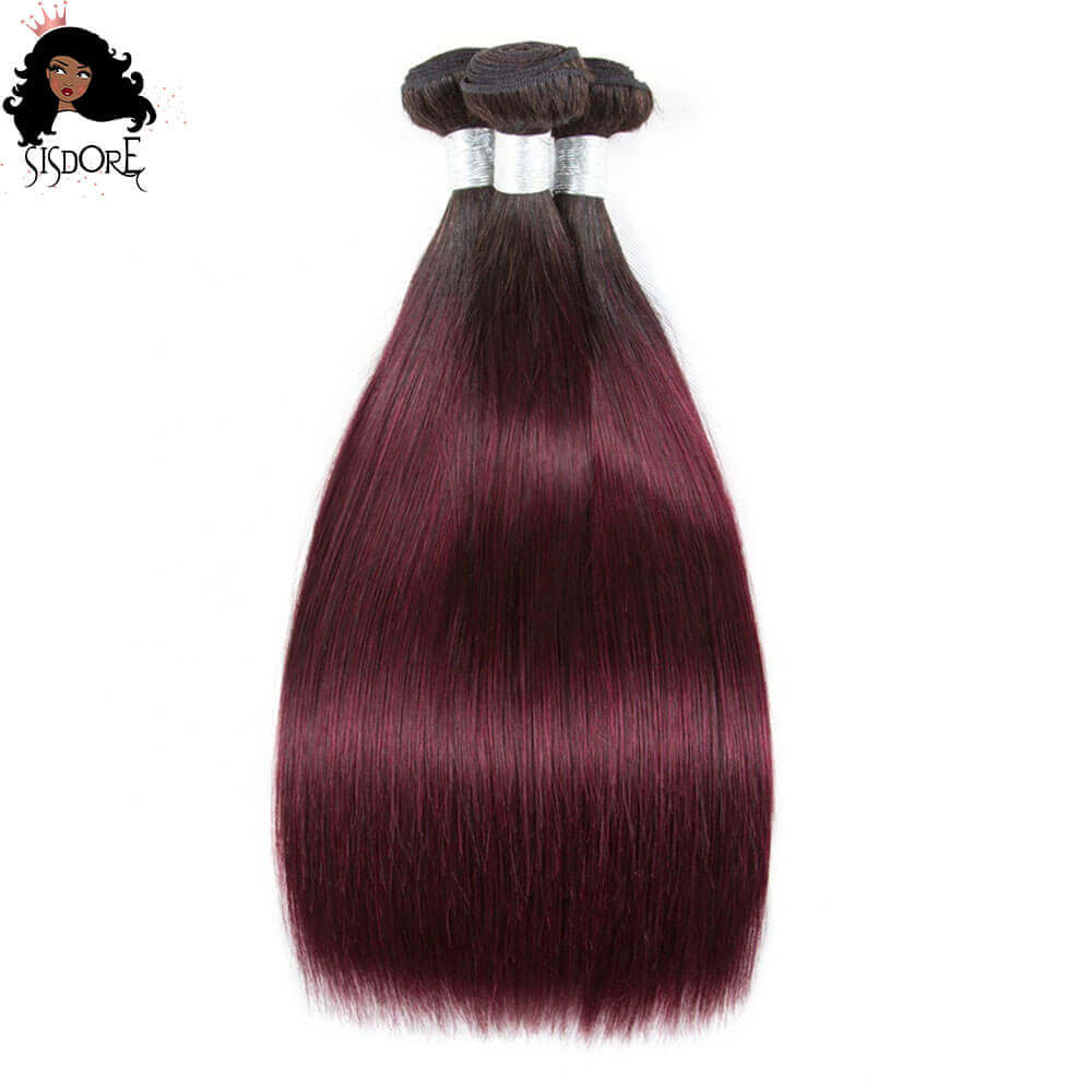1B/99J Burgundy straight human hair bundles with black roots