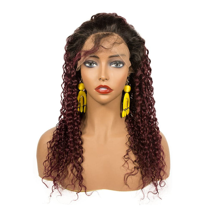 1B/99J Ombre Burgundy Deep Curly Human Hair Lace Front Wig