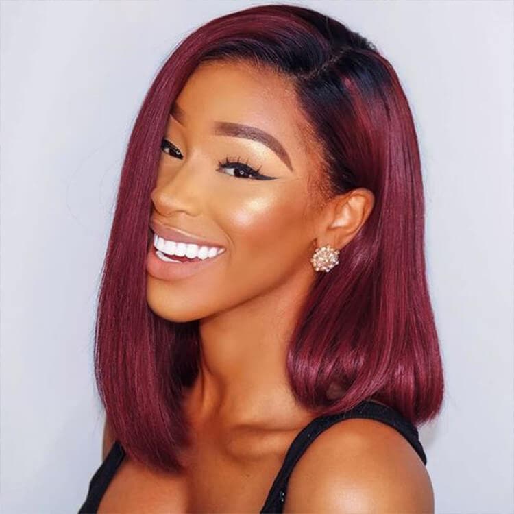 1B/99J Straight Bob Wig, Short Burgundy Ombre Lace Front Wig