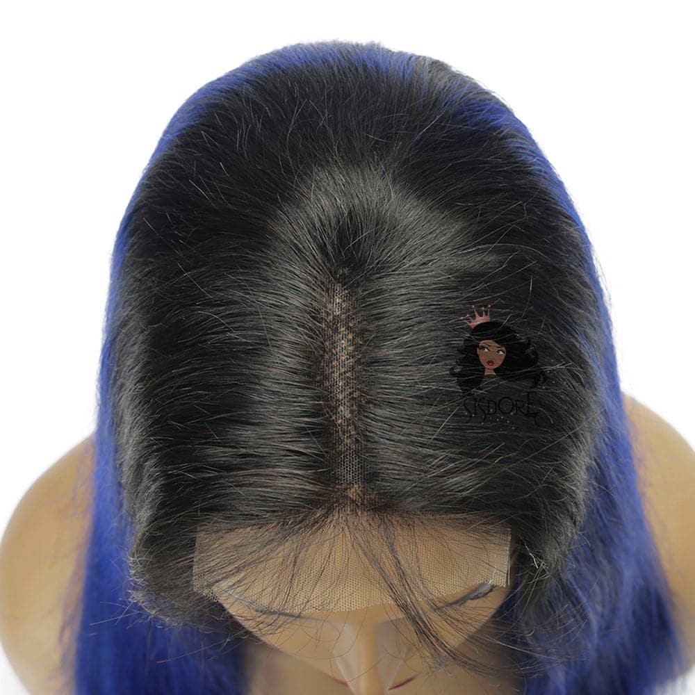 1B Blue Wig with Black Roots Straight hair 4x4 lace Closure Wig Brazilian Virgin Hair