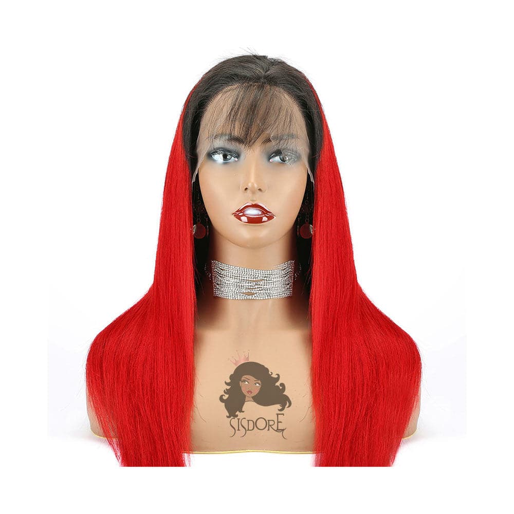 1B Red Straight Lace Front Wig with Black Roots
