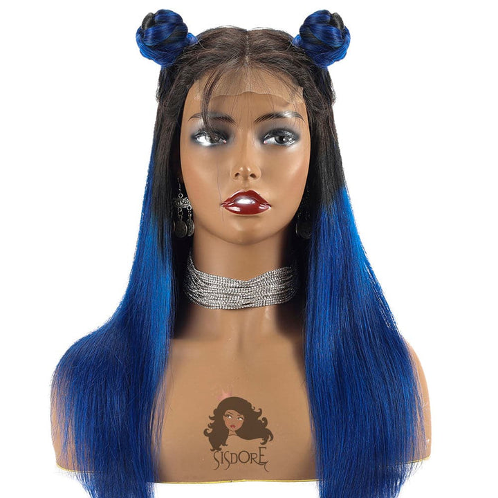 1B blue wig straight human hair 4x4 lace closure wig - blue with black roots