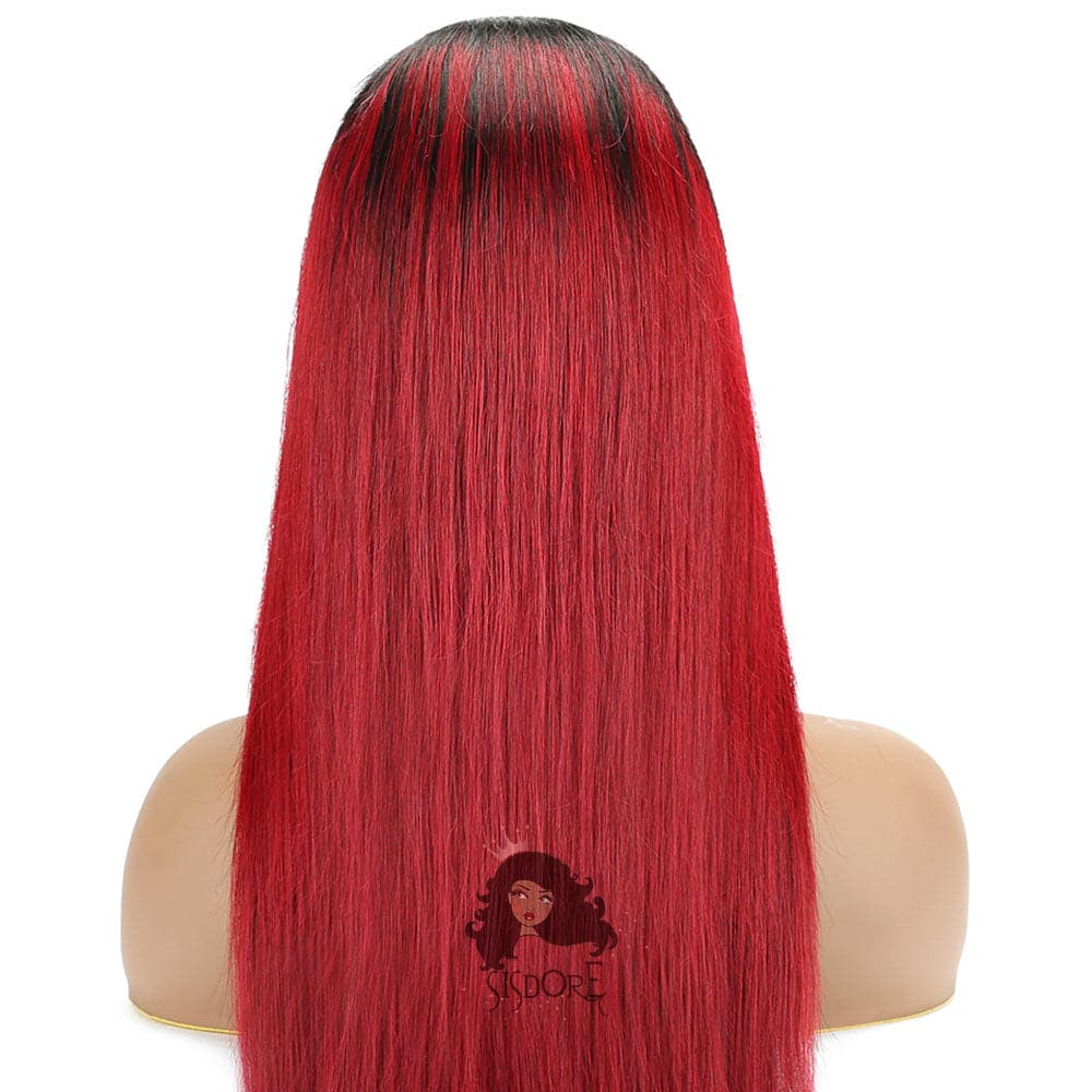 1B red lace front wig, Straight red wig with black roots