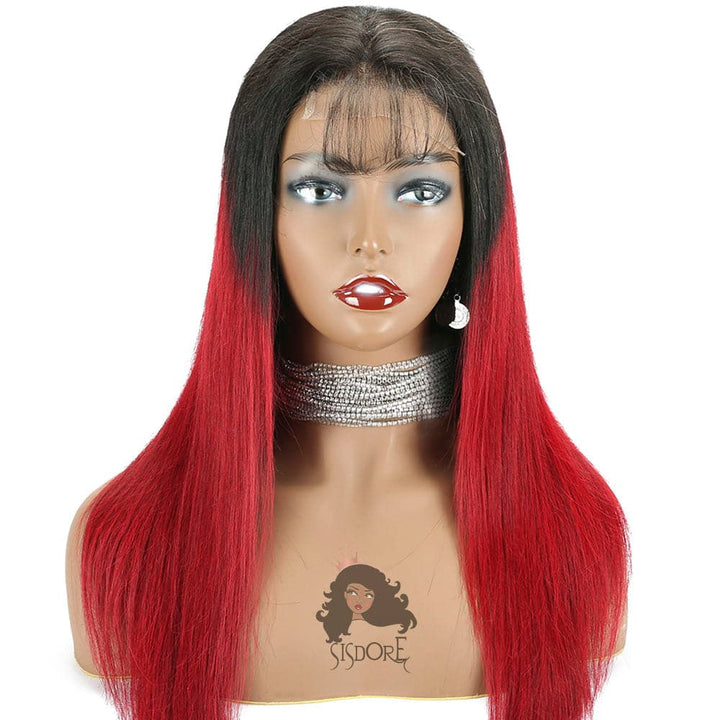1B red closure wig straight human hair