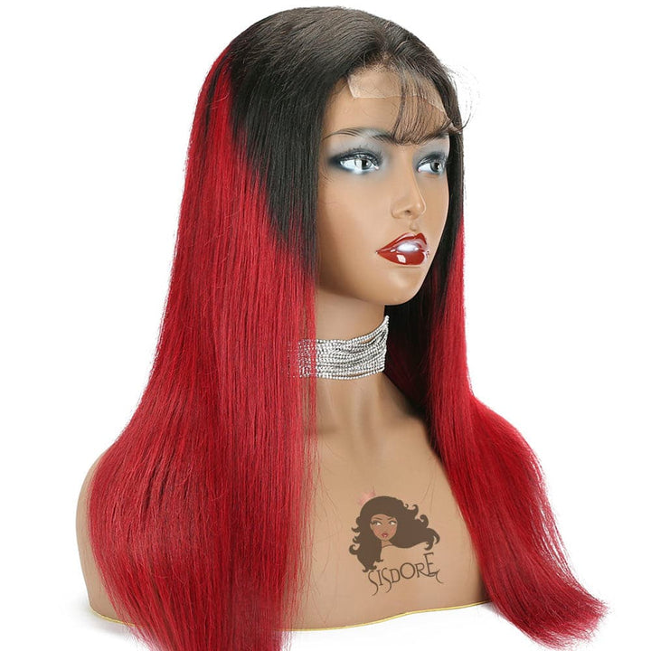 1B red straight closure wig