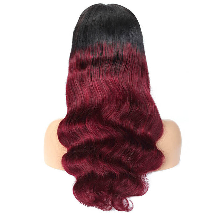 burgundy hair with black roots body wave lace front wig 1b/99j