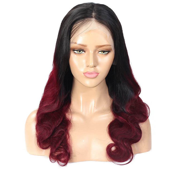 burgundy hair with black roots body wave lace front wig 1b/99j