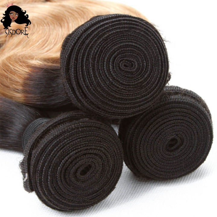 1b 27 two tone strawberry blonde with black roots body wave human hair weaves 3 bundles