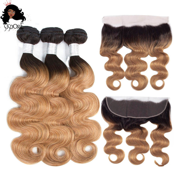 1b 27 two tone strawberry blonde with black roots body wave human hair weaves with 13x4 lace frontal