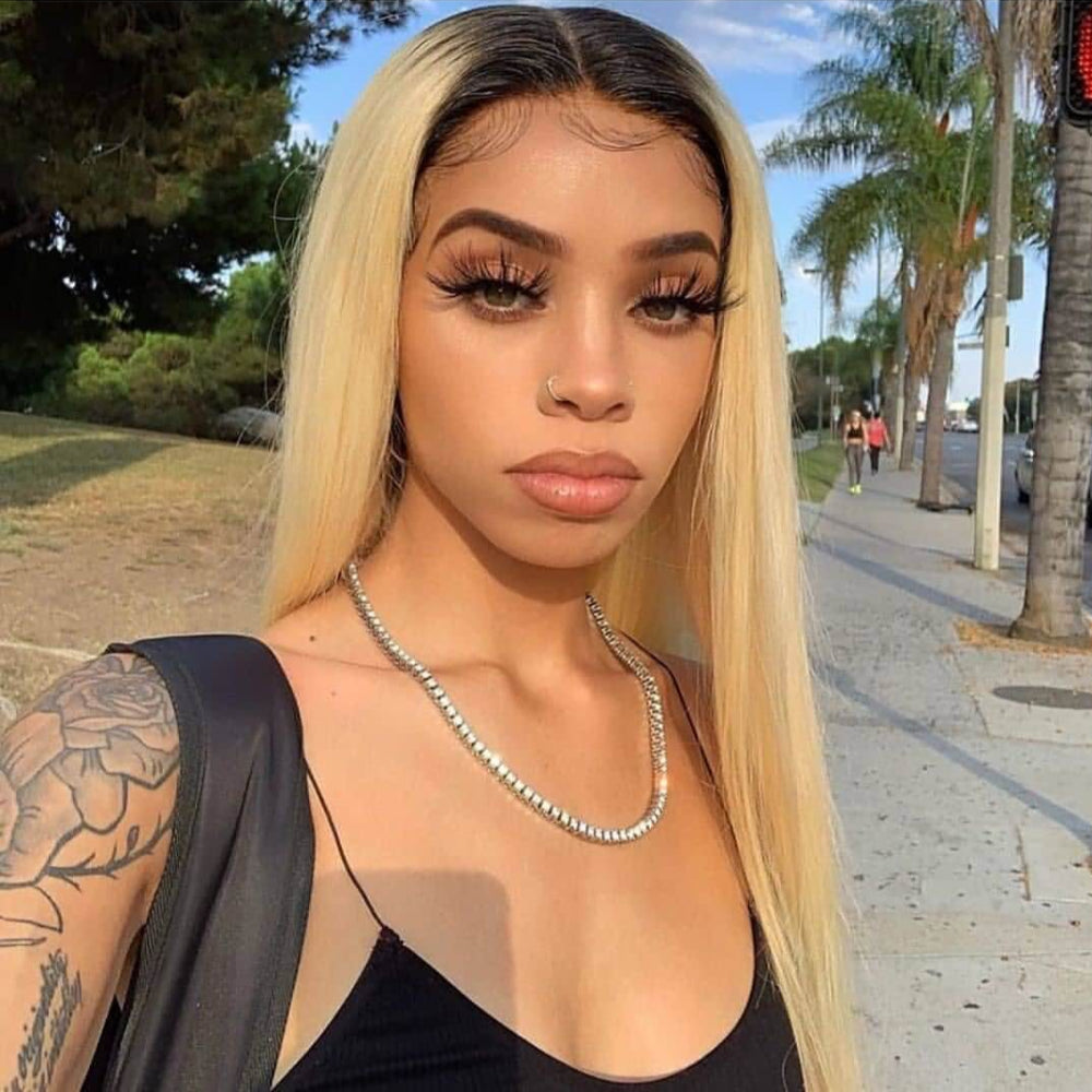 1b 613 bleach blonde ombre straight virgin human hair wigs with black roots