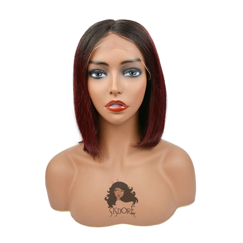 1b 99j wine color dark burgundy straight human hair short bob lace front wig  10 inch