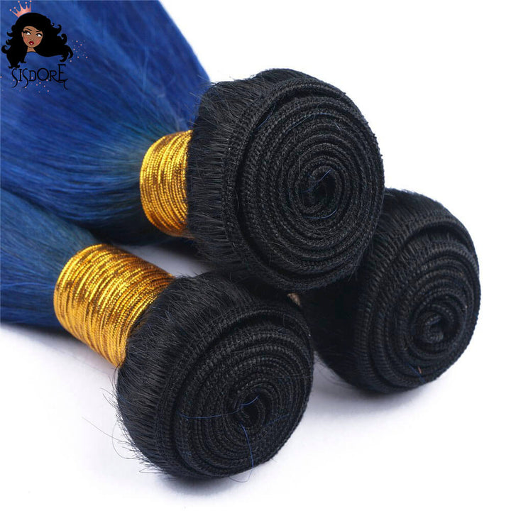 straight human hair weaves 1b blue with black roots - two tone