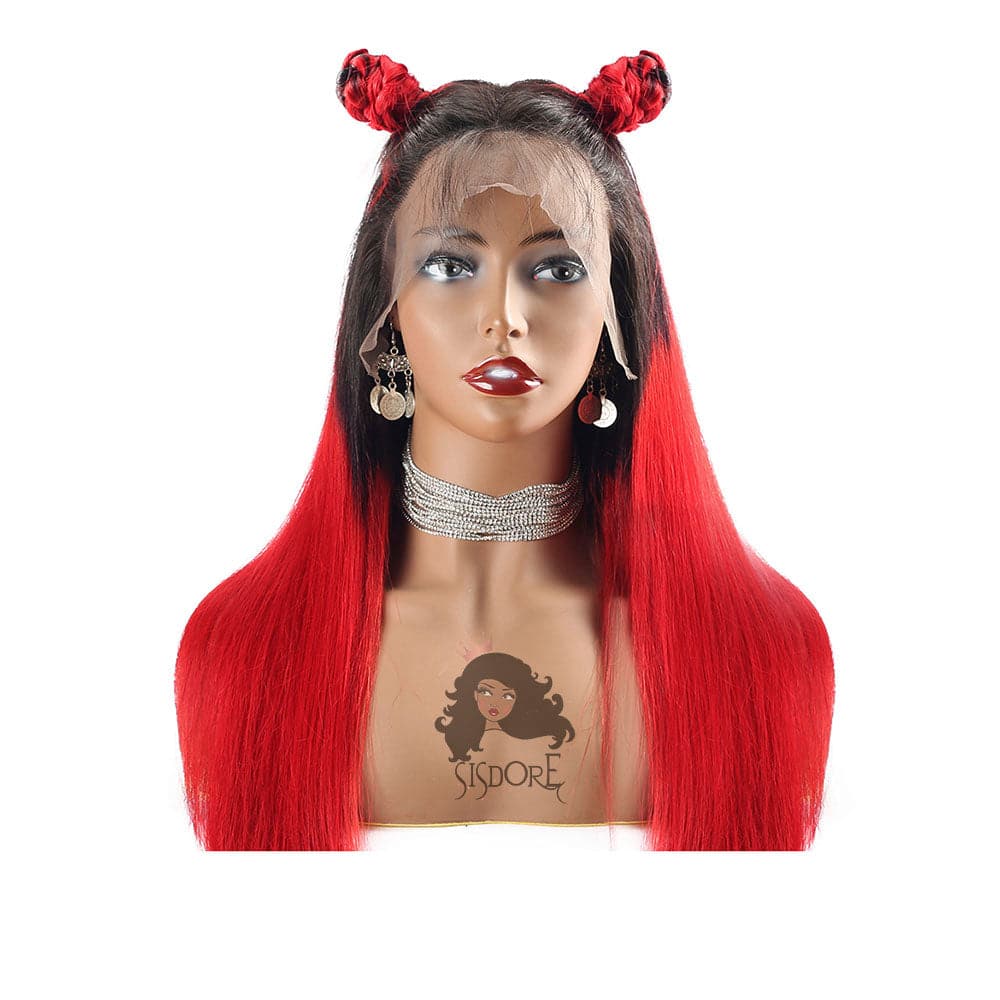1b/red ombre straight human hair lace front wig