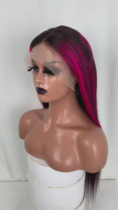 Hot Pink Highlights on Black Straight Hair Lace Front Wigs, Black Human Hair Wigs With Pink Streaks in Hair