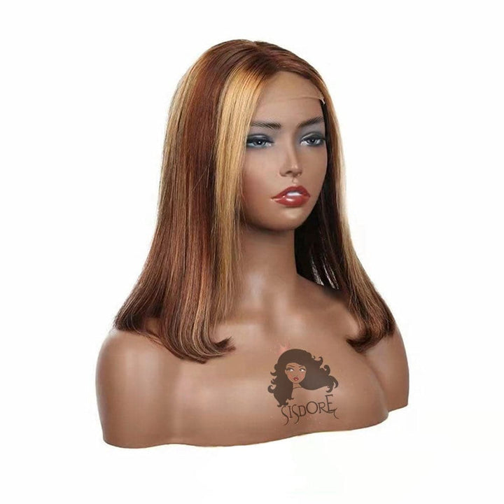 4/27 Highlight Short Hair Lace Front Wigs, Brown With Blonde Piano Color Blunt Cut Bob Closure Wigs