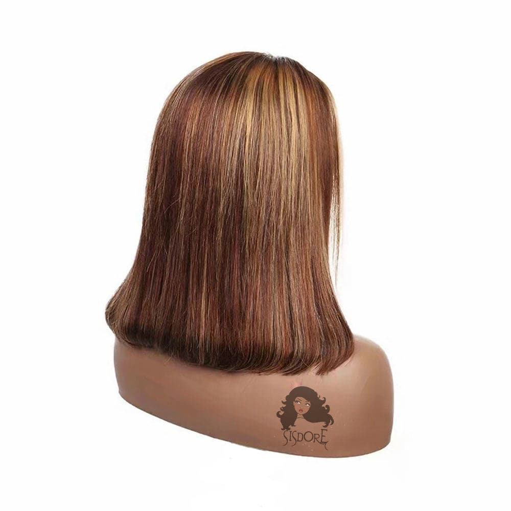 4/27 Highlight Short Hair Lace Front Wigs, Brown With Blonde Piano Color Blunt Cut Bob Closure Wigs