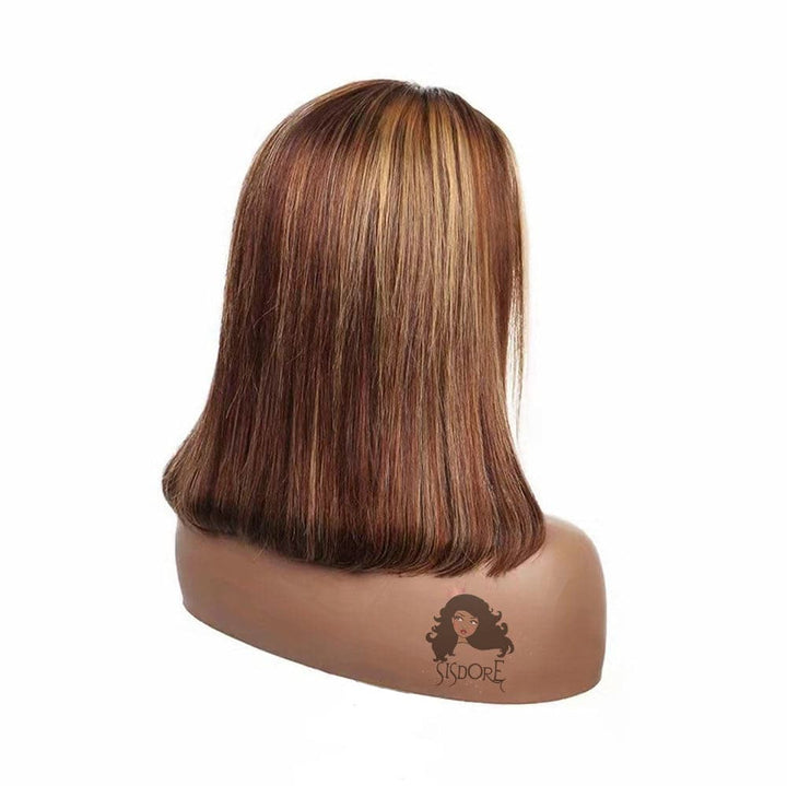 4/27 Highlight Short Hair Lace Front Wigs, Brown With Blonde Piano Color Blunt Cut Bob Closure Wigs