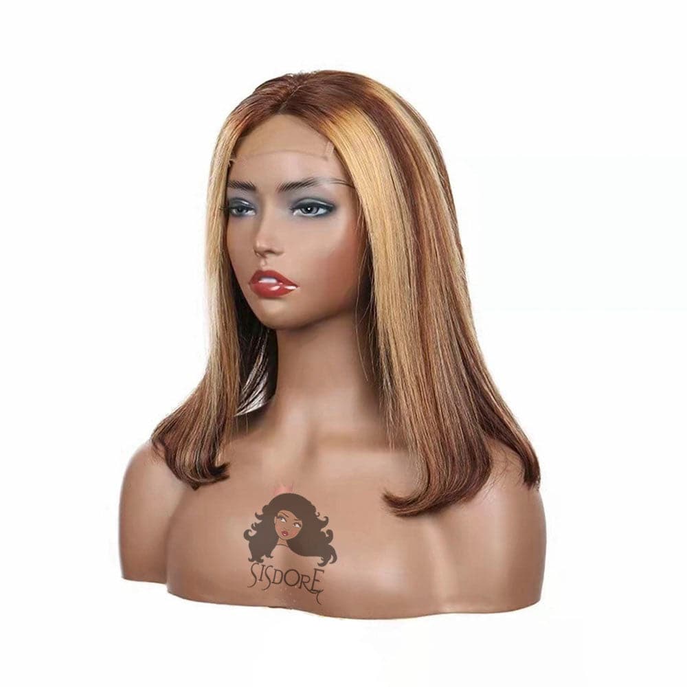 4/27 Highlight Short Hair Lace Front Wigs, Brown With Blonde Piano Color Blunt Cut Bob Closure Wigs