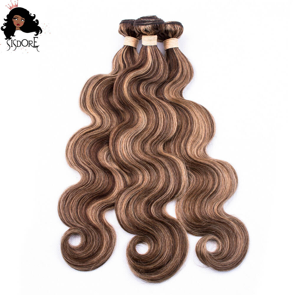 4/27 Brown with Blonde Highlight Body Wave Human Hair Weaves