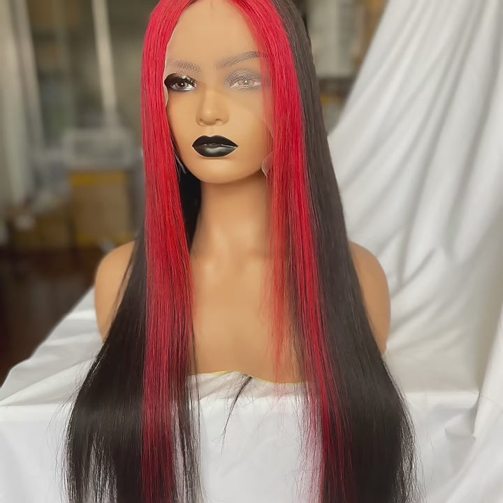 Black Wig with Red Streaks, Skunk Stripe Human Hair