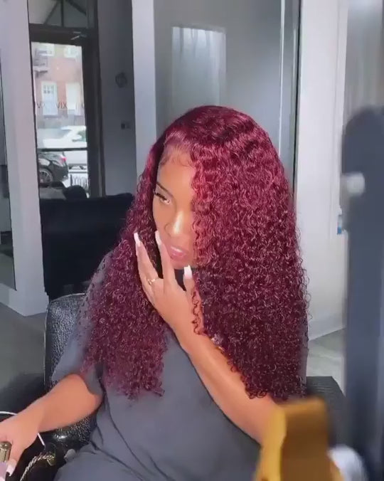 Burgundy Curly Hair Wigs, 99J Wine Red Water Wave Lace Front Wig | SISDORE