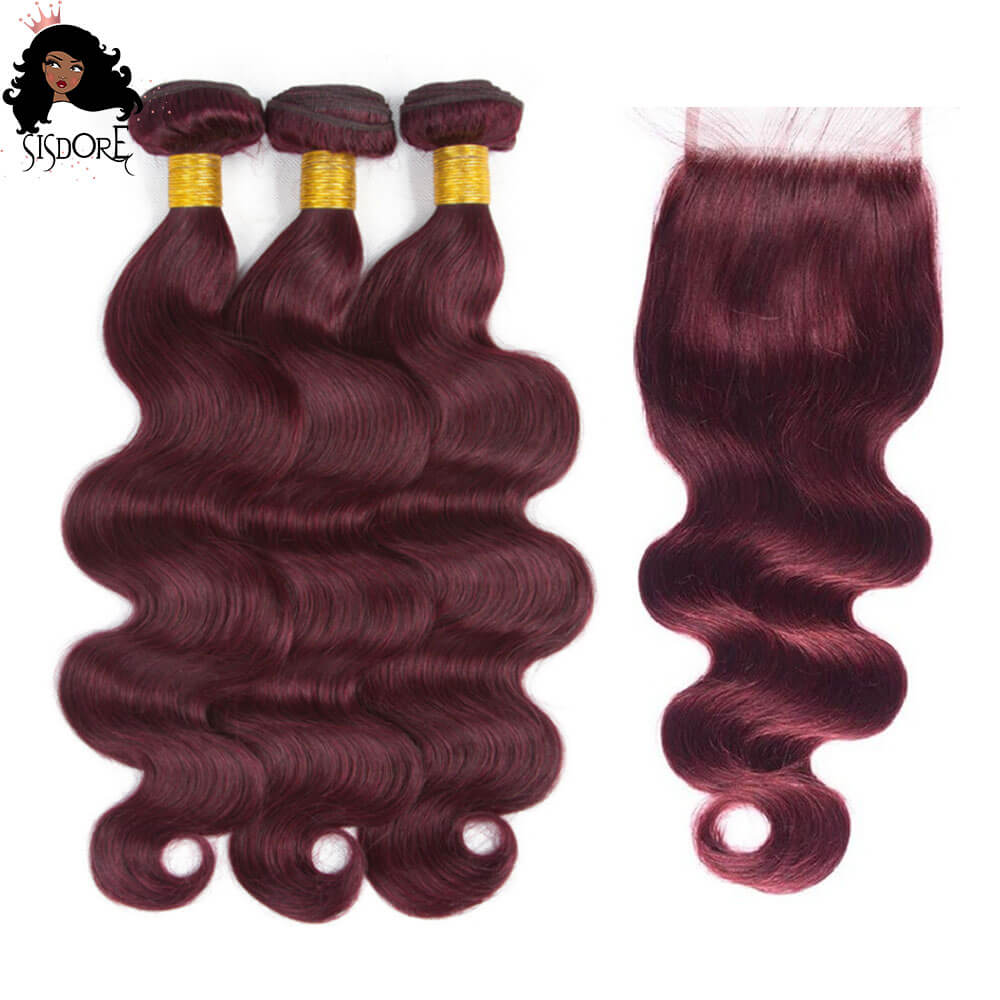 99J Burgundy Body Wave Hair Bundles with 4x4 Lace Closure 