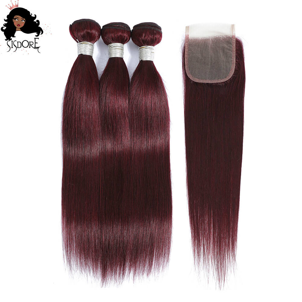 99J Burgundy Straight Hair Bundles with 4x4 Lace Closure 