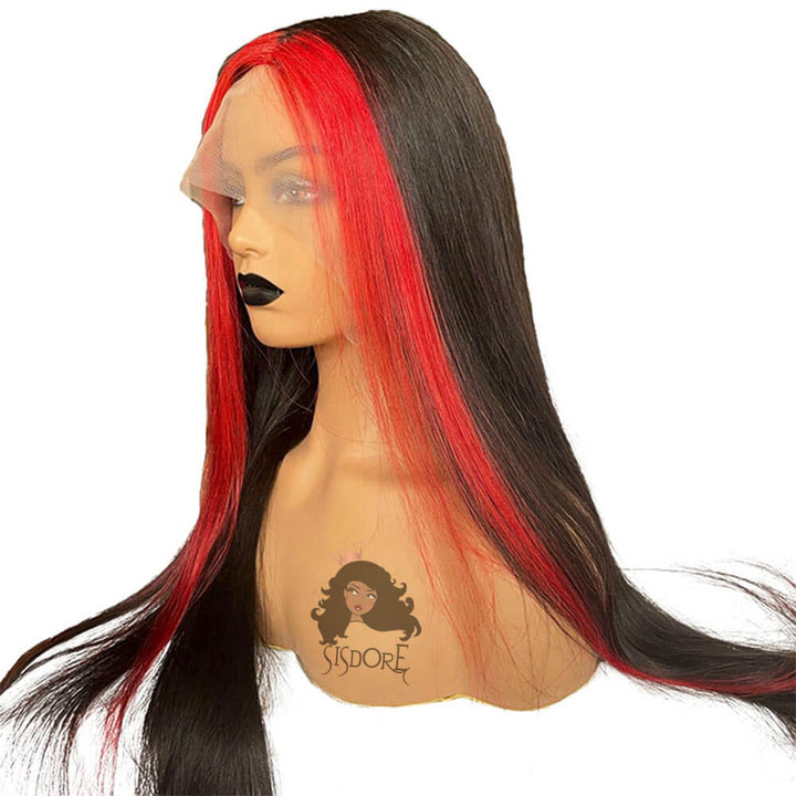 Black Straight Hair Wig with Red Streaks
