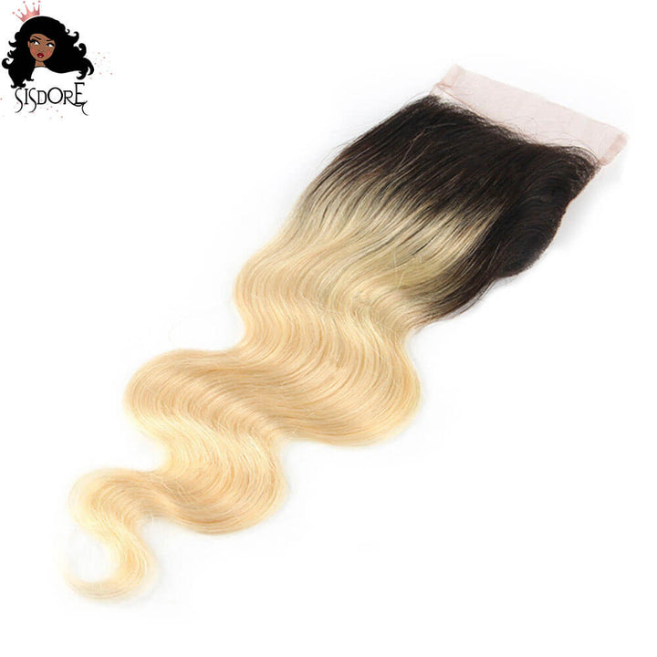 1B 613 Blonde With Black Roots Body Wave Human Hair 4x4 Lace Closure