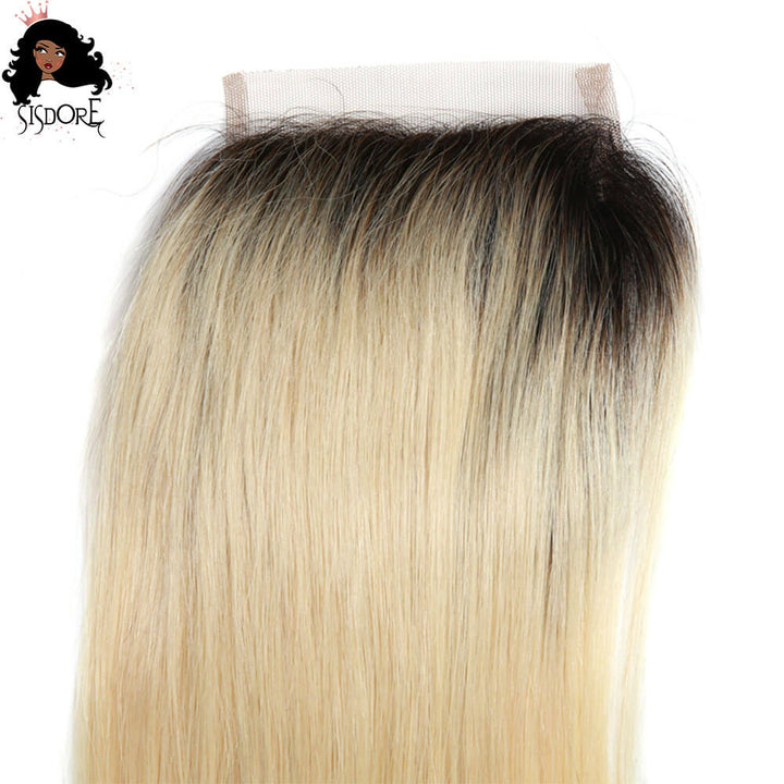 1B 613 Blonde With Black Roots Body Wave Human Hair 4x4 Lace Closure