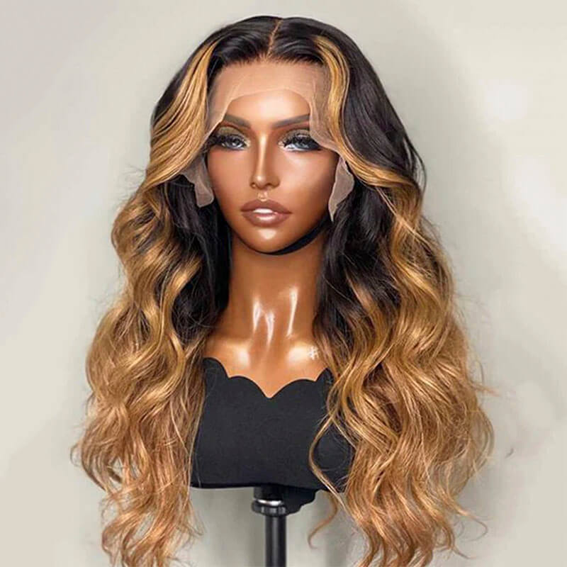 Blonde Highlight Human Hair Wigs, Body Wave Lace Front Wig 1b/27 