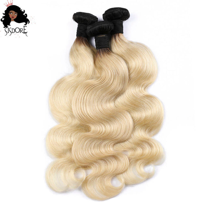 1b 613 body wave hair bundles - light blonde with black roots