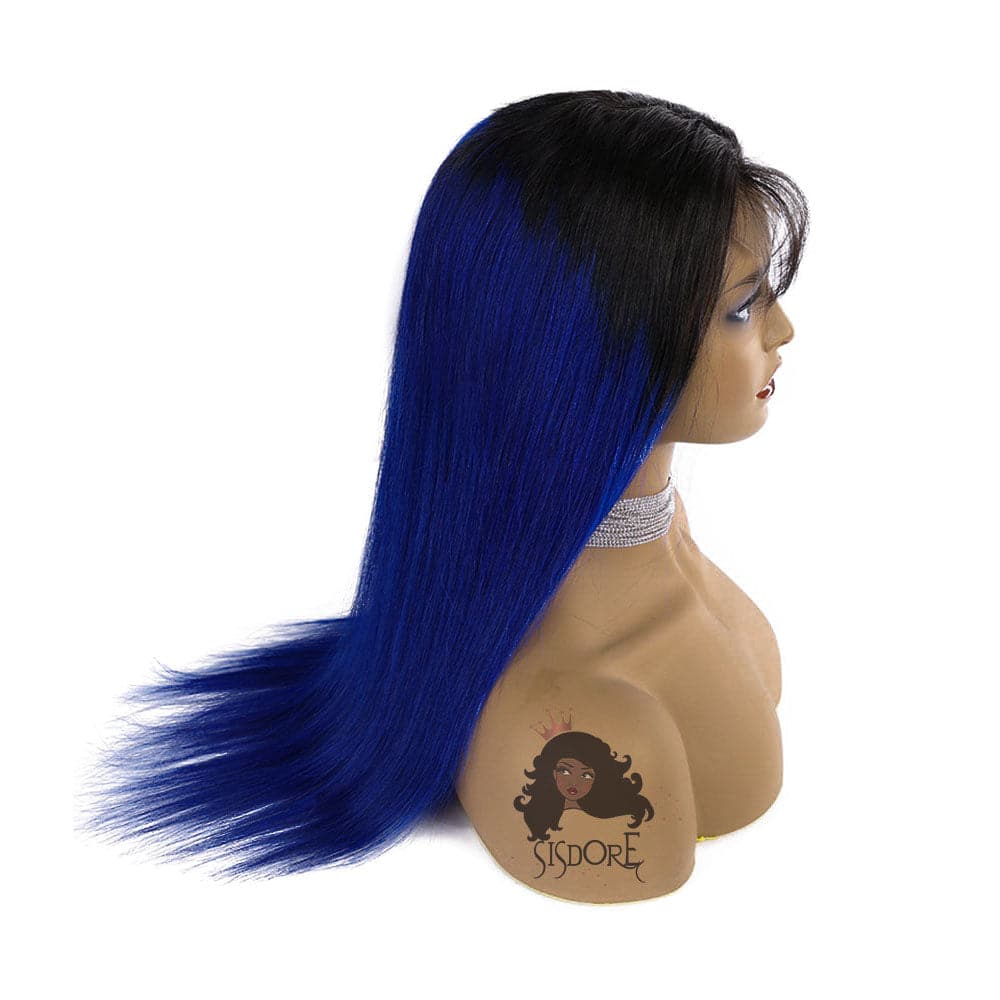 1B blue ombre straight human hair lace front wigs