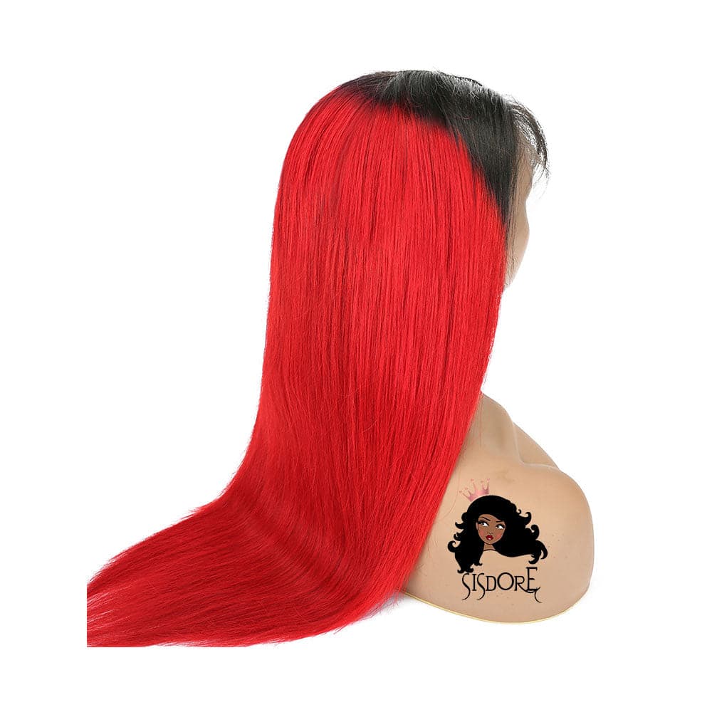 Straight Lace Front Human Hair Wig in Red and Black Ombre