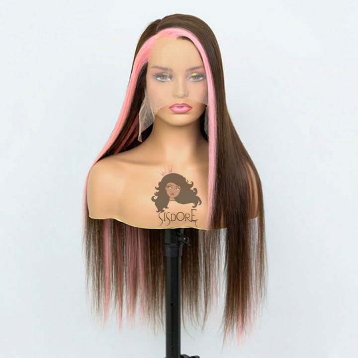 Skunk Stripe Wig with Pink Highlights on Brown Hair